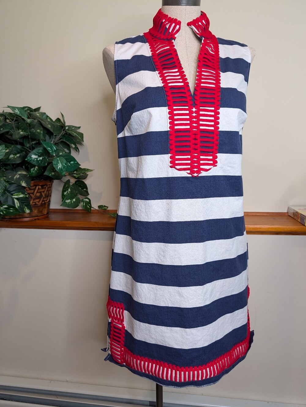 Sail to Sable Large Navy White Stripe Red Trim Sleeveless Shift Dress Nautical